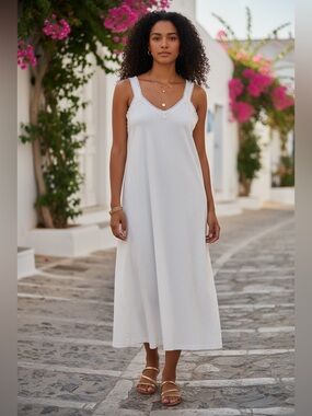 Vintage Velrose White Bias Cut Midi Slip Dress 100% Cotton Lace Trim Coquette